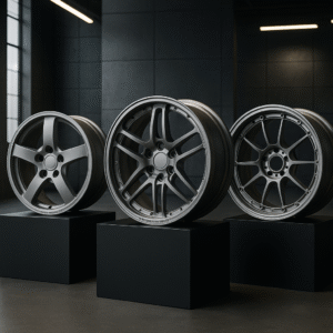 Magnesium forged wheels displayed in an industrial showroom for B2B buyers.