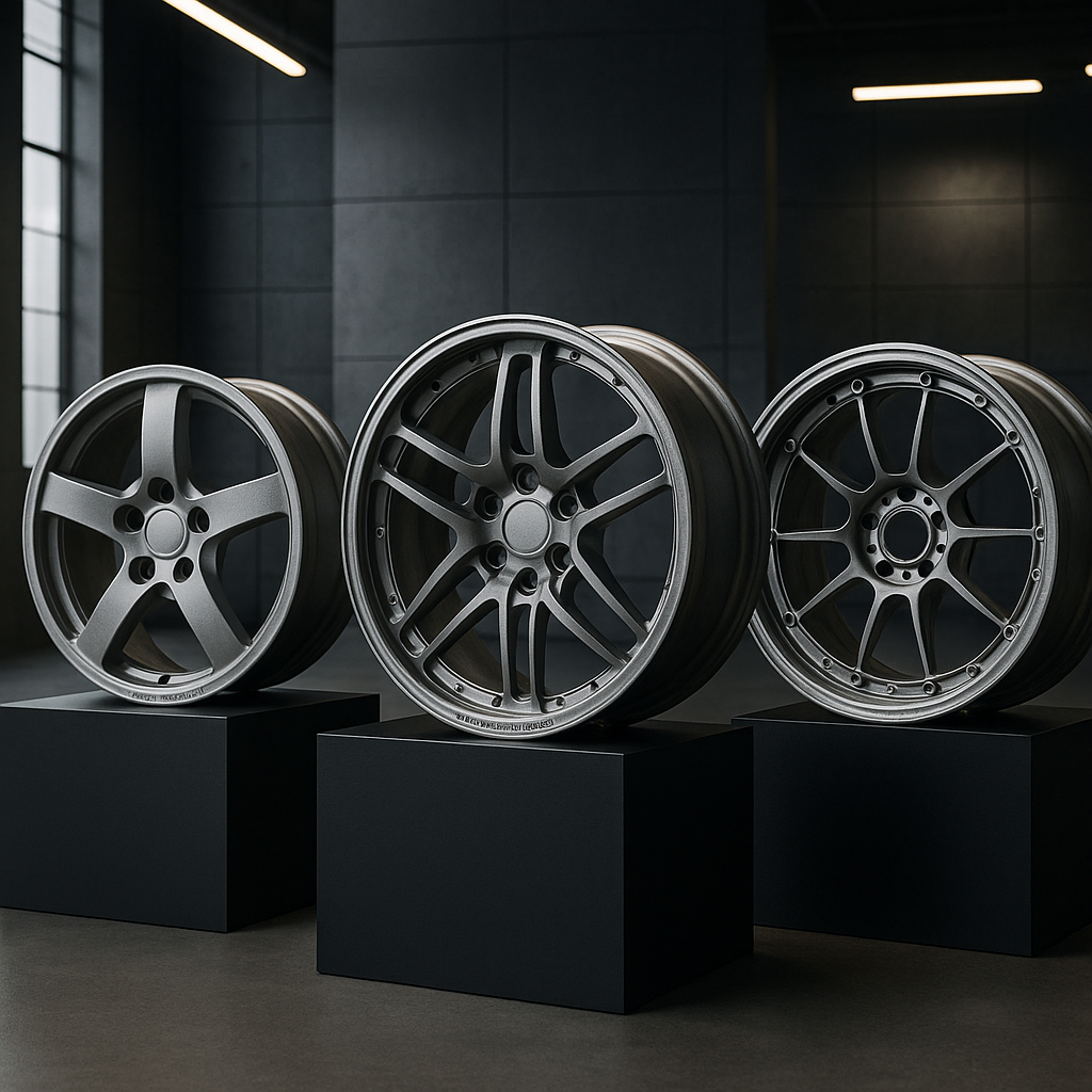 Magnesium forged wheels displayed in an industrial showroom for B2B buyers.