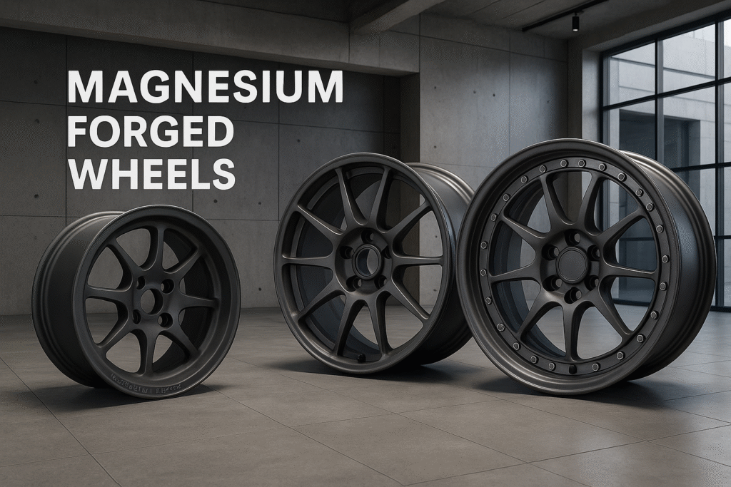 Magnesium forged wheels displayed in a modern industrial environment for B2B buyers.