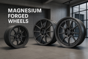 Magnesium forged wheels displayed in a modern industrial environment for B2B buyers.