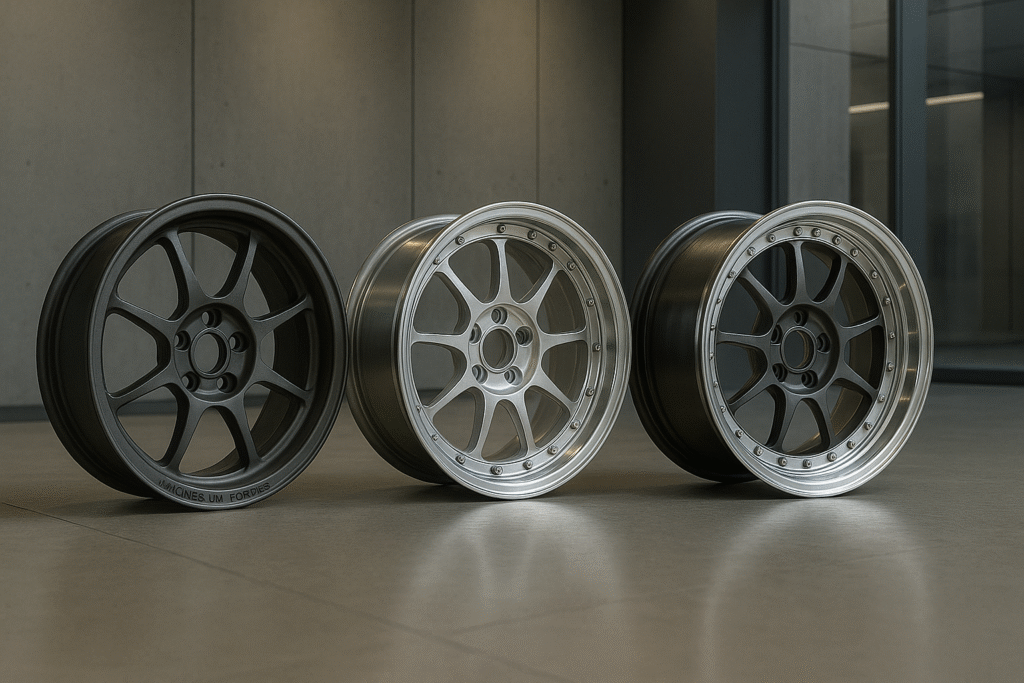 Magnesium forged wheels displayed in an industrial showroom for B2B buyers