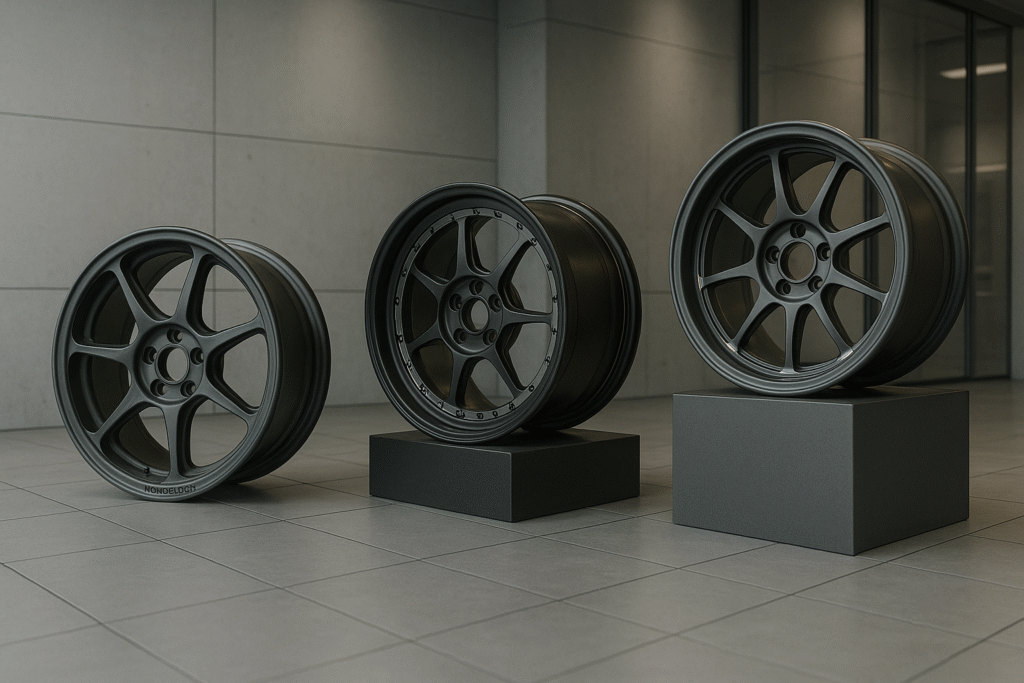 Magnesium forged wheels displayed in an industrial showroom for B2B buyers.