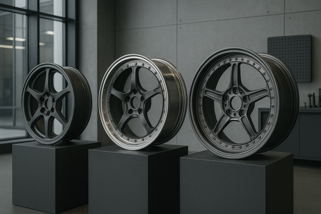Magnesium forged wheels displayed in an industrial showroom for B2B buyers.