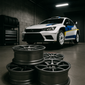 Forged rally wheels stacked in a professional tuning garage