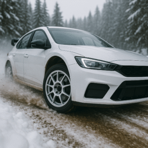 Forged rally wheels in use on a Finnish winter rally stage