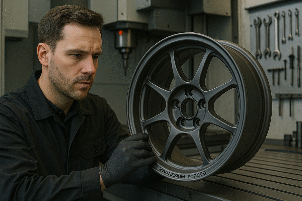 Inspecting a magnesium forged wheel in a CNC workshop – B2B manufacturing context.