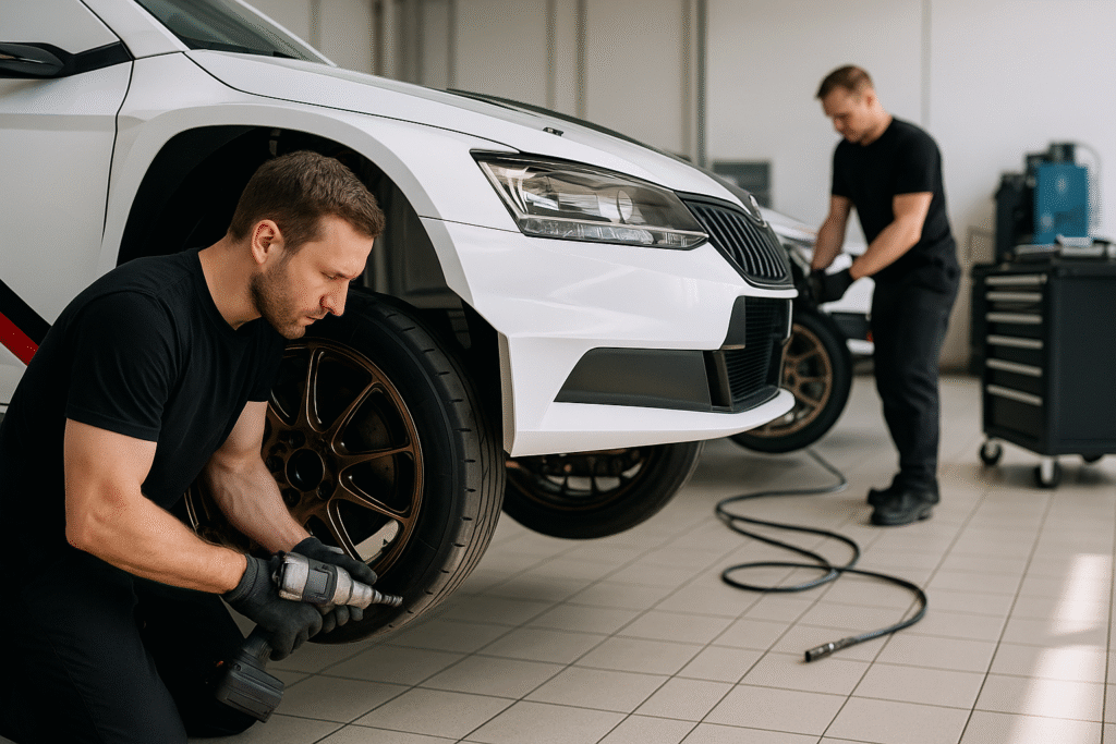 Professional rally team fitting forged wheels on a race car in a clean motorsport workshop