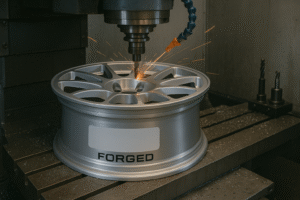 Forged rally wheels being CNC-machined inside a high-precision workshop