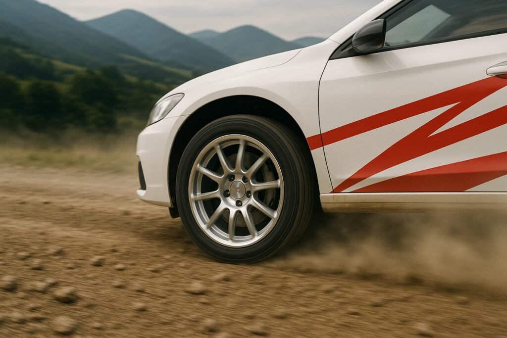 Forged rally wheel in action on gravel terrain in Slovakia