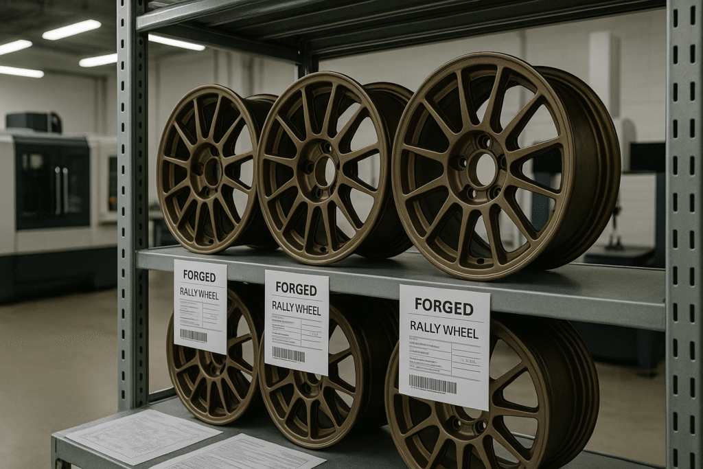 Forged rally wheels in an industrial workshop for motorsport and rally tuning companies in Russia