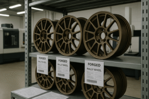 Forged rally wheels in an industrial workshop for motorsport and rally tuning companies in Russia