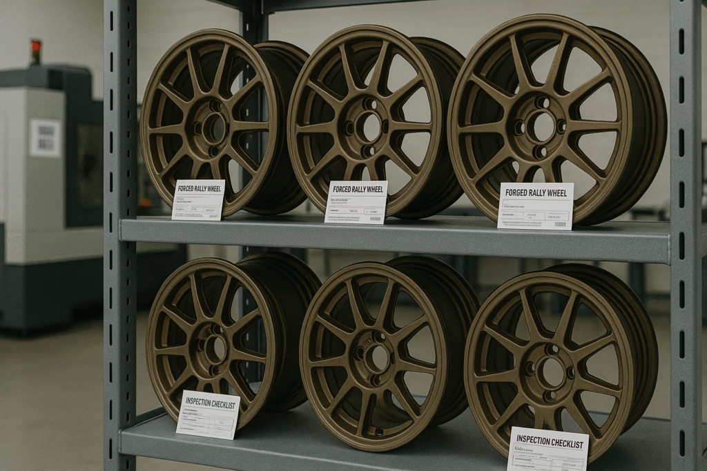 Forged rally wheels stacked in an industrial warehouse with technical checklists and CNC equipment in the background