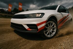 Forged rally wheels on a car racing on an Albanian rally track