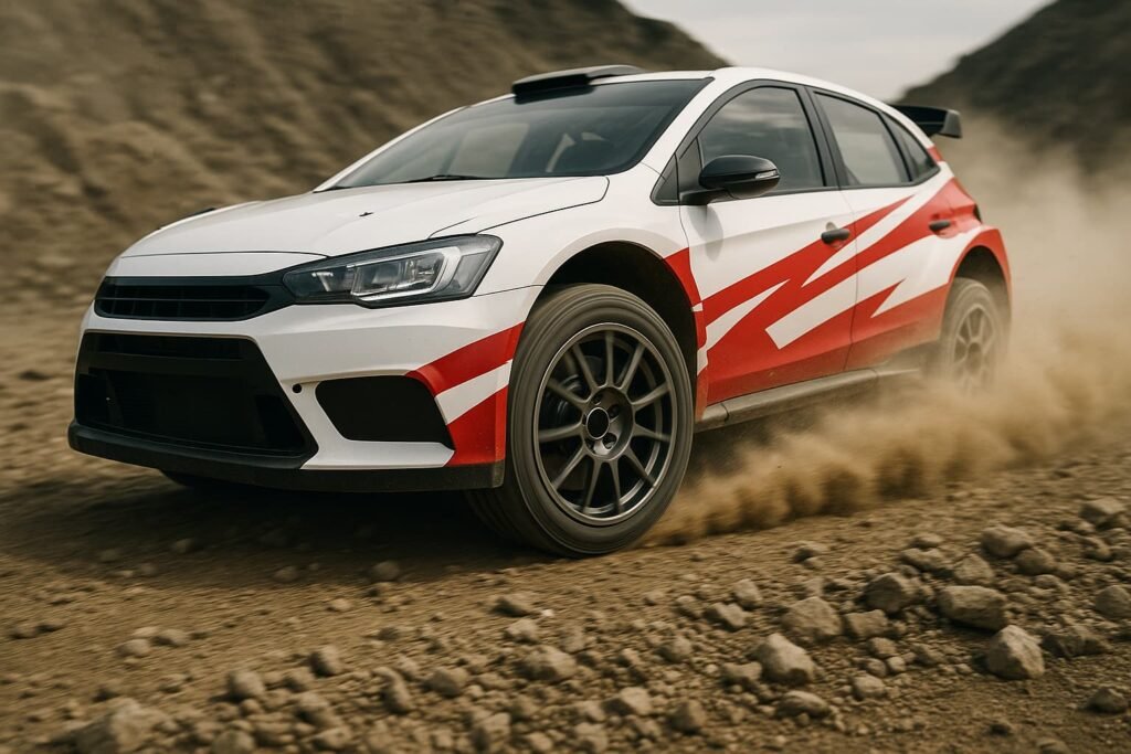 Forged rally wheels on a rally car in action on Romanian gravel terrain