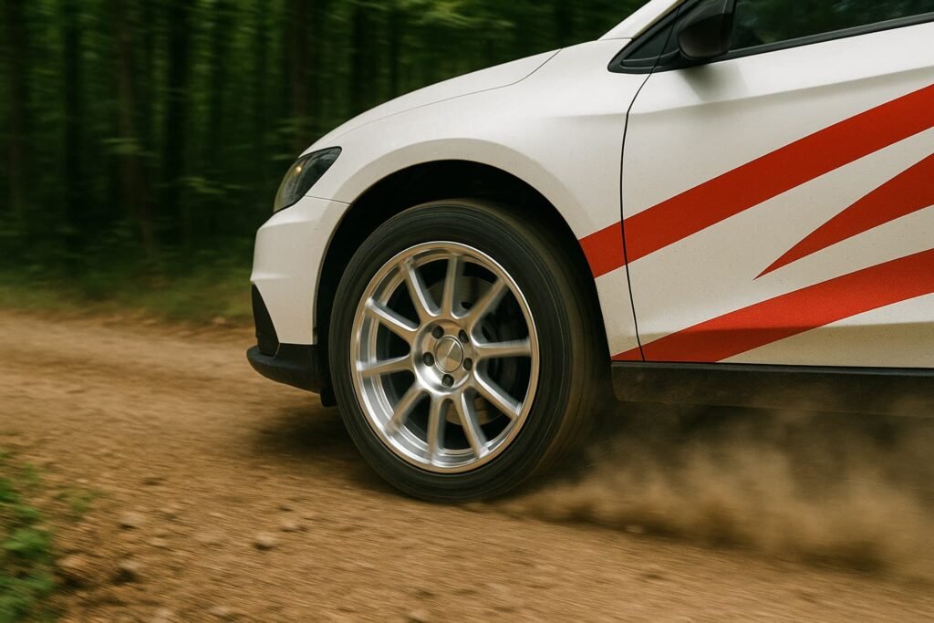 Forged rally wheels on a car speeding through Slovenian forest terrain