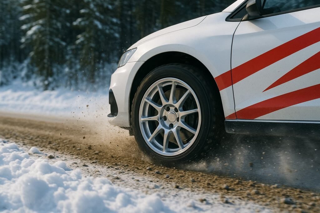 Forged rally wheels on a rally car driving over snow‑gravel road in Sweden