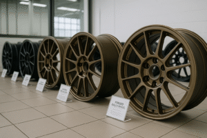 Forged rally wheels displayed in an industrial warehouse showroom for B2B buyers