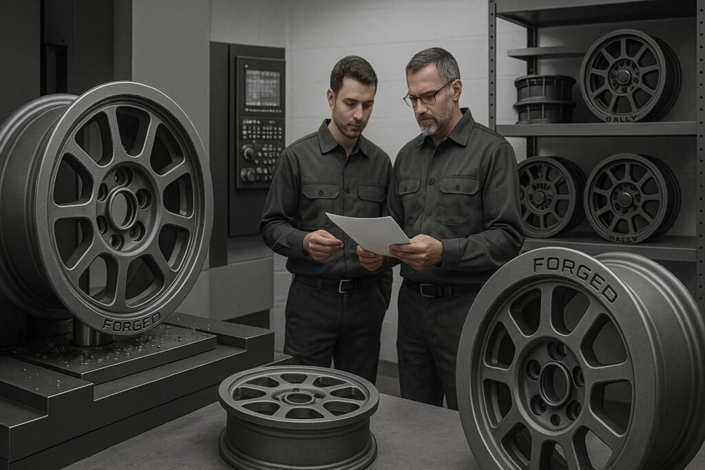 Forged rally wheel manufacturing scene inside factory