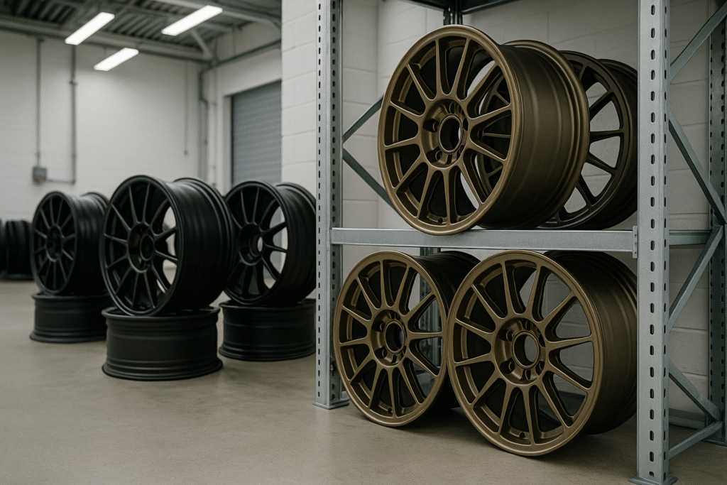 Forged rally wheels displayed in a motorsport facility for B2B buyers in Belarus and Iceland