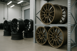 Forged rally wheels displayed in a motorsport facility for B2B buyers in Belarus and Iceland