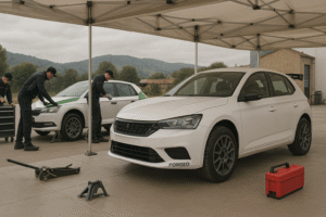 Rally cars at service park with forged wheels for B2B buyers
