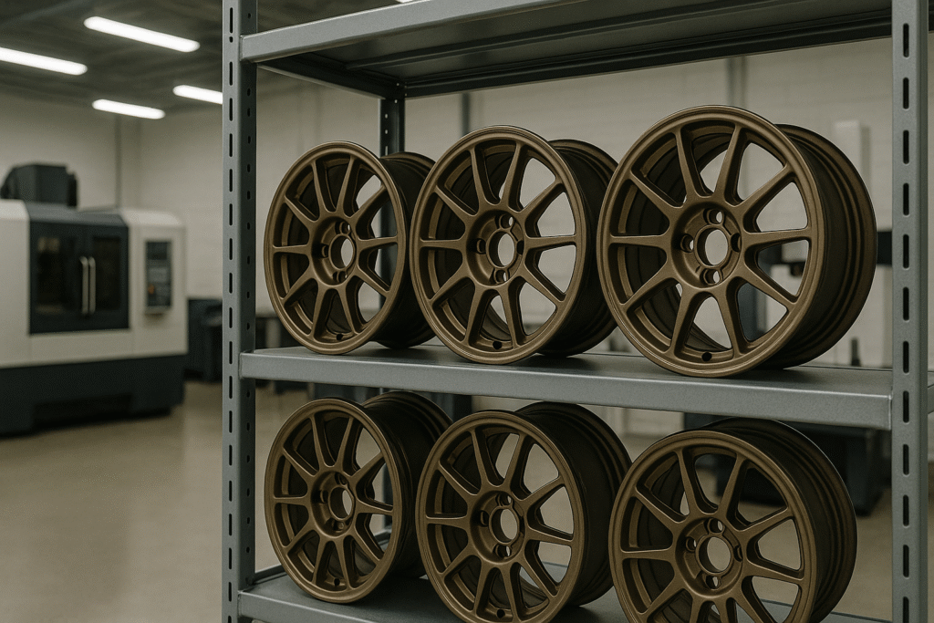Forged rally wheels in a Swiss-style industrial warehouse with CNC and QA equipment in the background