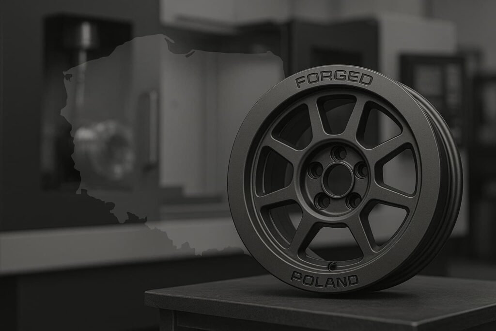 Forged rally wheel with Poland map and CNC factory background