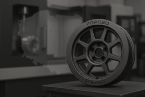 Forged rally wheel with Poland map and CNC factory background