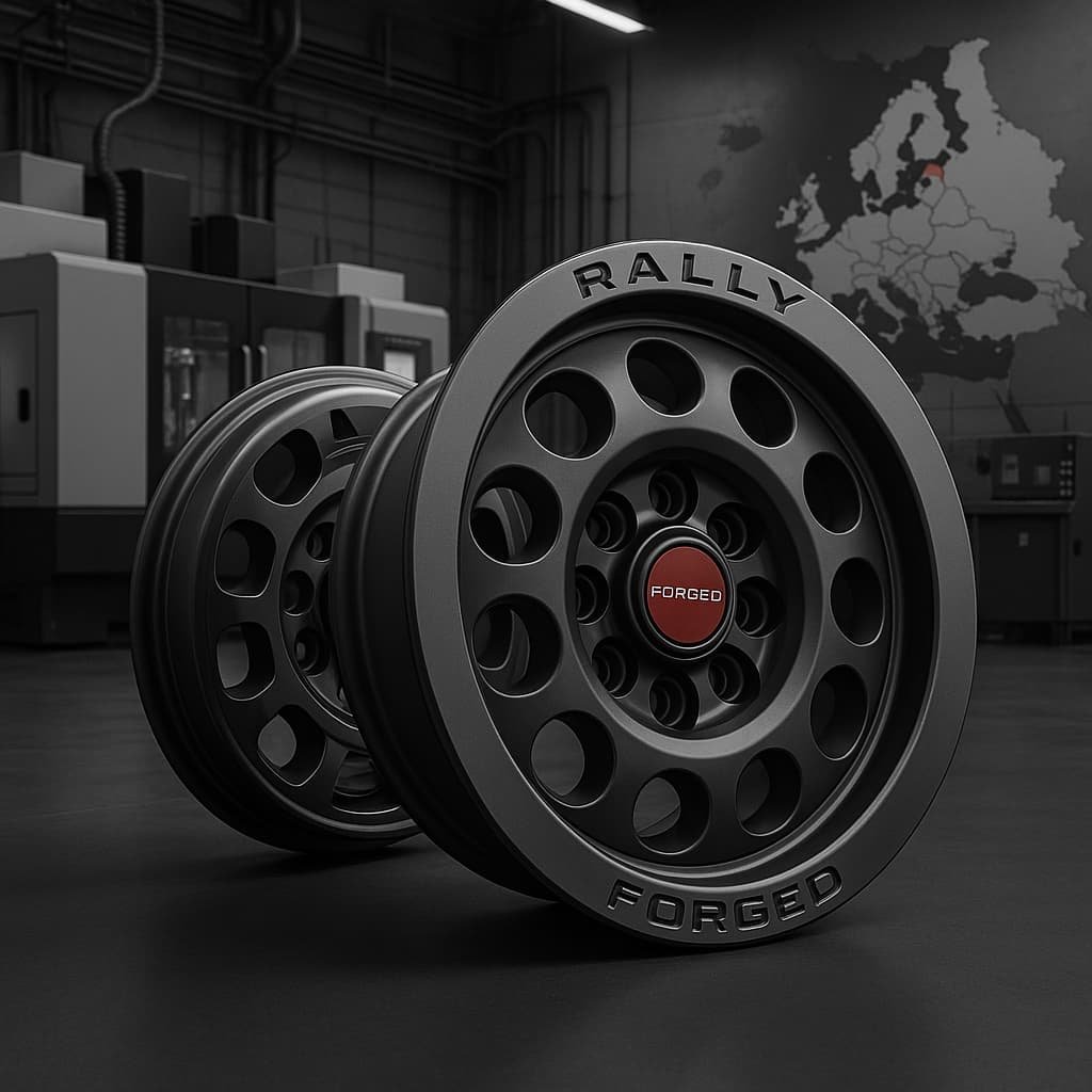 Forged rally wheels and factory background with Lithuania map