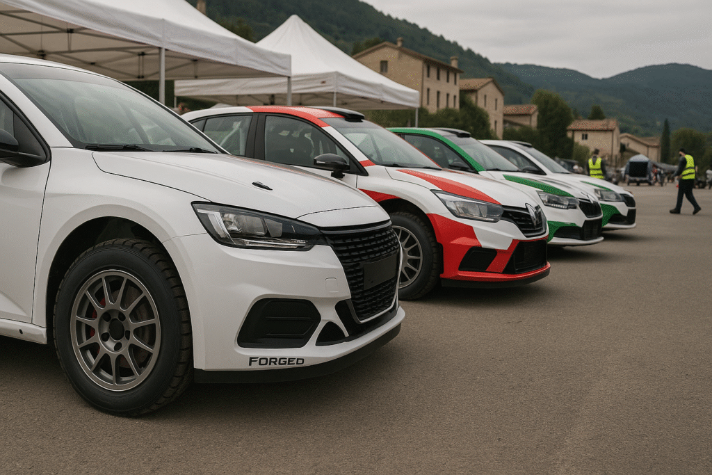 Forged rally wheels on multiple rally cars in a European rally service park