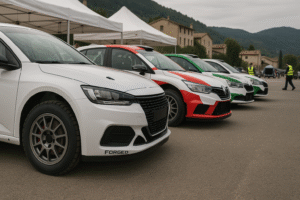 Forged rally wheels on multiple rally cars in a European rally service park