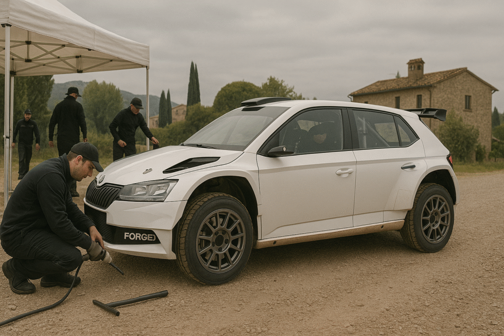 Rally car fitted with forged wheels in an Italian service park