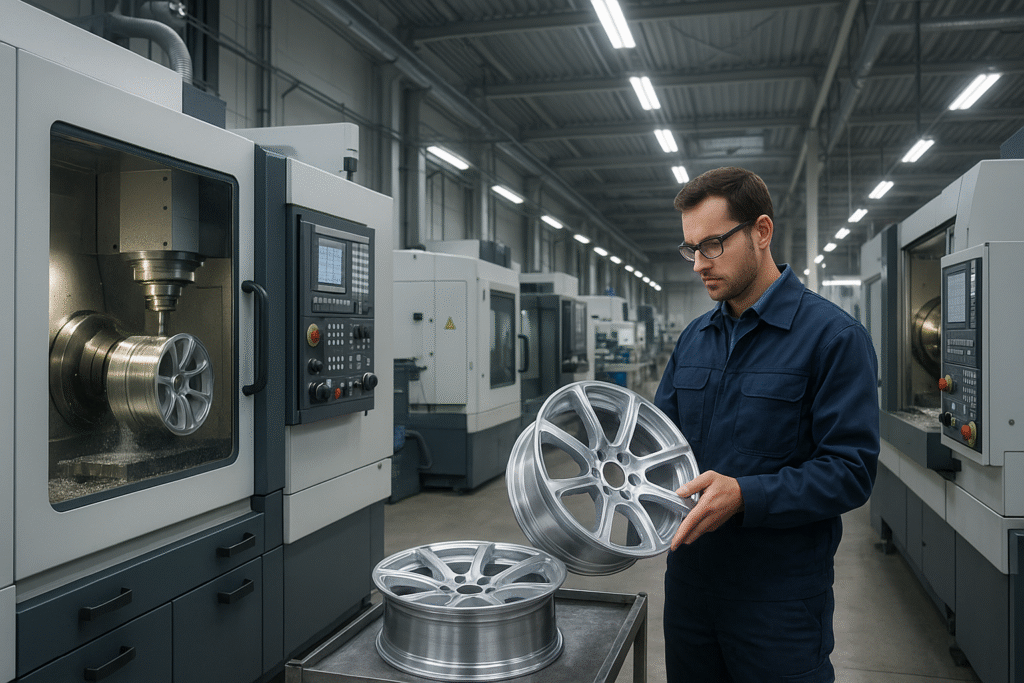 Forged wheel supplier factory in Europe with CNC machines and quality inspection.
