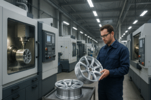 Forged wheel supplier factory in Europe with CNC machines and quality inspection.