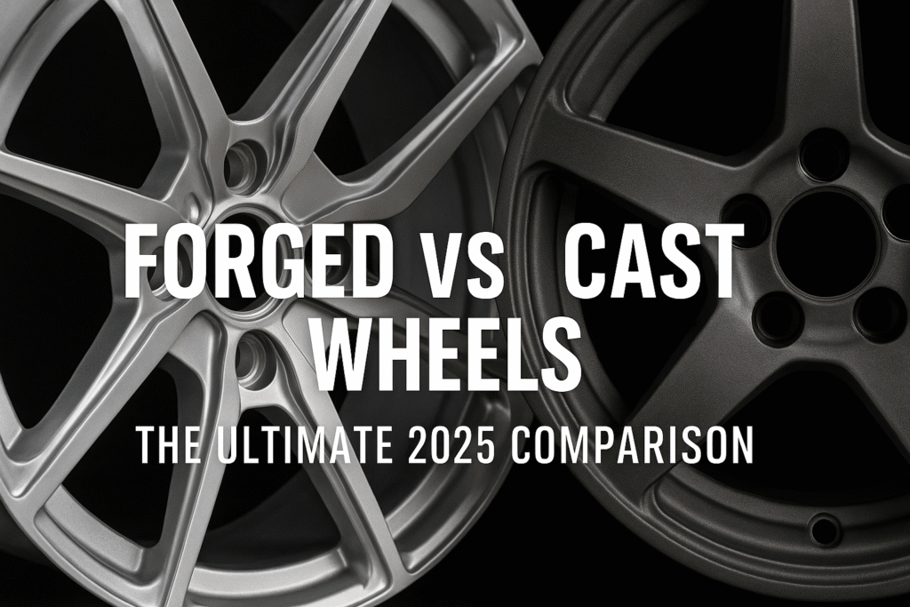 Close-up comparison of a forged wheel and a cast wheel with bold overlay text: “Forged vs Cast Wheels – The Ultimate 2025 Comparison”.