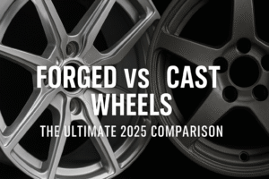 Close-up comparison of a forged wheel and a cast wheel with bold overlay text: “Forged vs Cast Wheels – The Ultimate 2025 Comparison”.