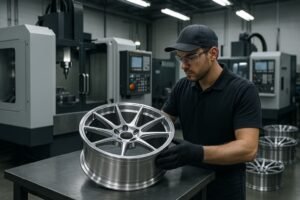 A single custom forged aluminum wheel being inspected in a modern CNC machining workshop, representing low MOQ production flexibility.