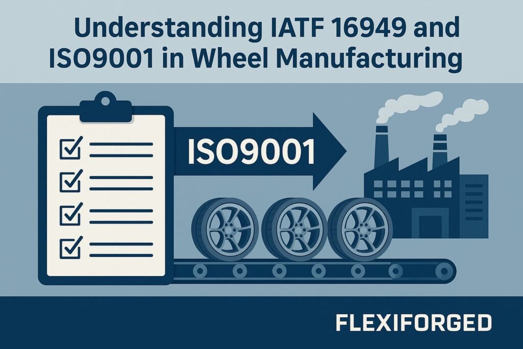 Infographic of a wheel factory line with an audit checklist and a bold arrow labeled “ISO9001” pointing toward IATF 16949, blue/gray theme with FLEXIFORGED branding.