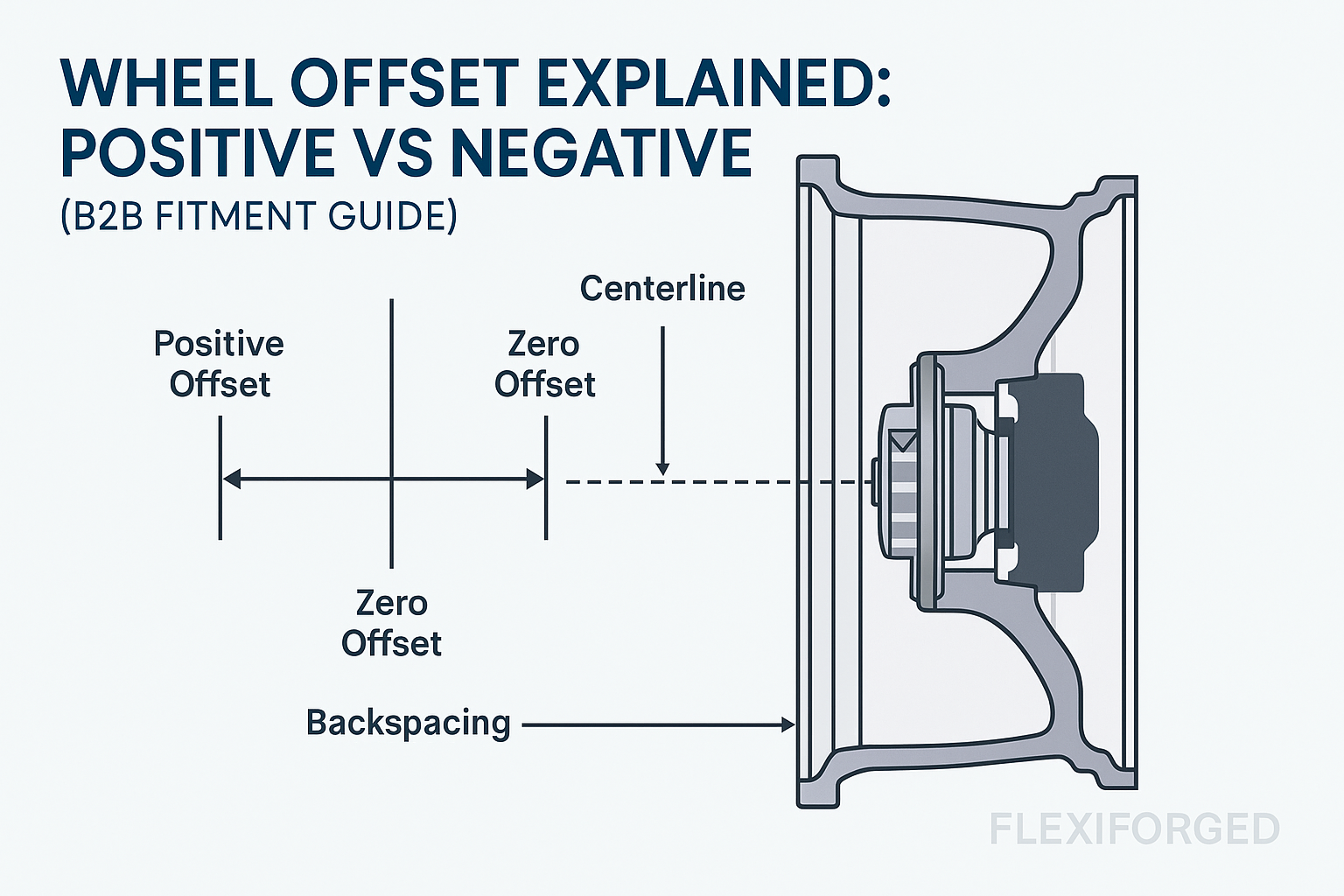 Technical diagram of a wheel cross-section showing centerline, hub mounting face, positive/zero/negative offset arrows, and backspacing—clean B2B style with brake/caliper clearance indicated, FLEXIFORGED branding.