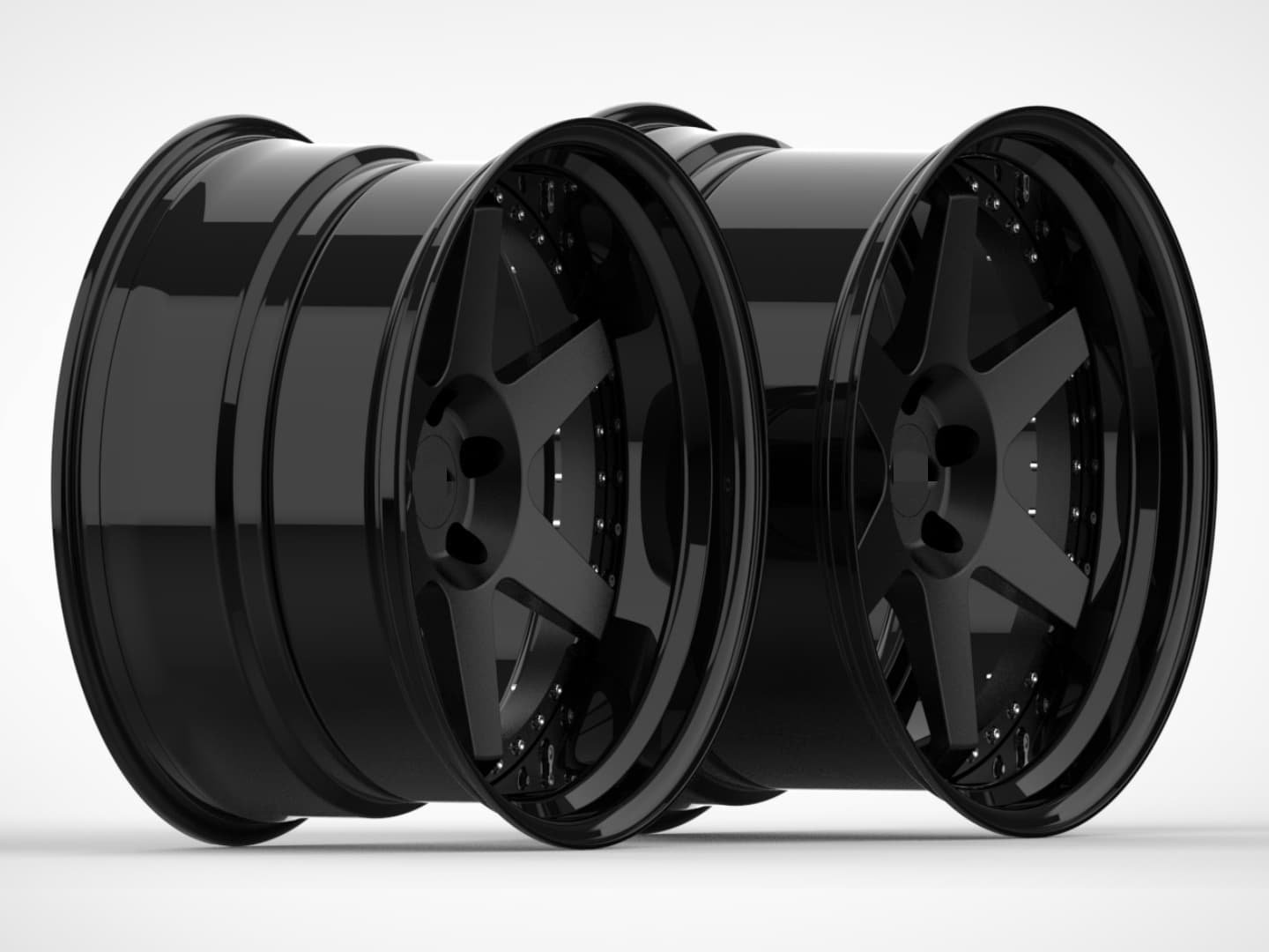 Gloss black 3-piece forged wheel with deep lip and five-spoke racing design