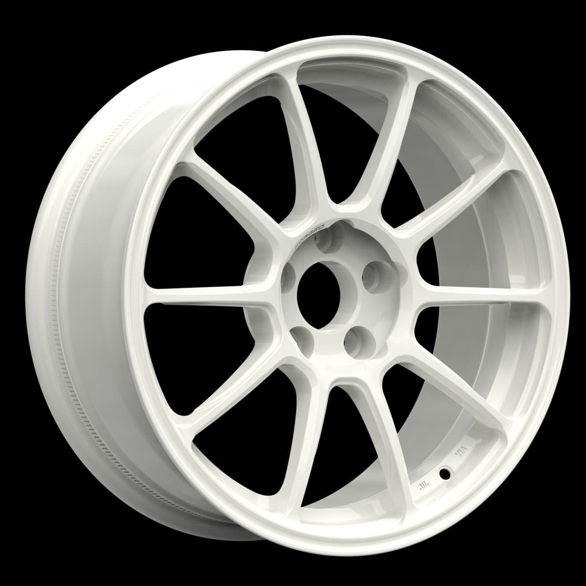 Forged aluminum rally wheel with pure white powder-coated finish, featuring 10-spoke design for Subaru, Toyota GR, and rally builds