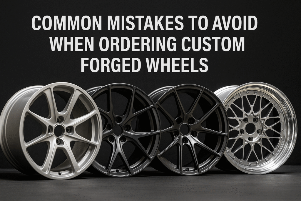 Image showing four custom forged wheels in different styles and finishes, arranged under the blog title banner highlighting common mistakes in wheel ordering.