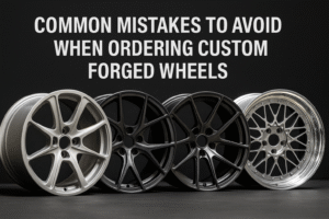 Image showing four custom forged wheels in different styles and finishes, arranged under the blog title banner highlighting common mistakes in wheel ordering.