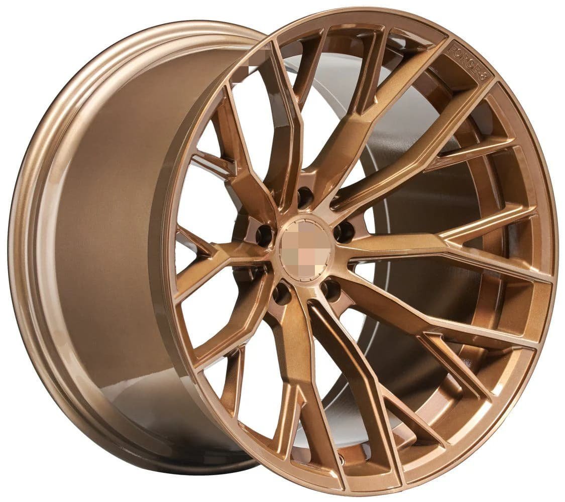 Multi-spoke gloss bronze concave forged wheel with complex spoke geometry for luxury performance cars