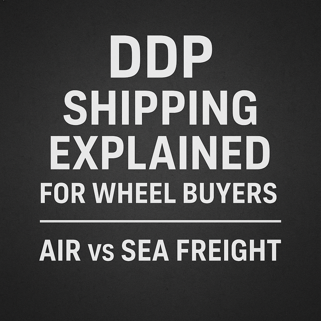 Informative image showing DDP shipping concepts for forged wheel buyers, with bold white title text over a dark industrial background, highlighting air vs sea freight comparison.