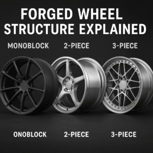 Comparison of monoblock, 2-piece, and 3-piece forged wheel designs with labeled visuals on a dark background