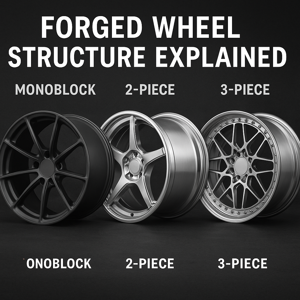 Comparison of monoblock, 2-piece, and 3-piece forged wheel designs with labeled visuals on a dark background