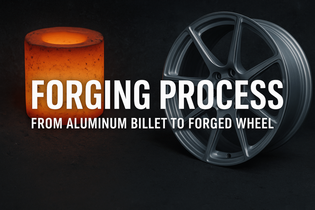 Heated aluminum billet beside a polished forged wheel, representing the complete forging process from raw material to finished wheel.
