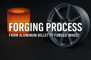 Heated aluminum billet beside a polished forged wheel, representing the complete forging process from raw material to finished wheel.