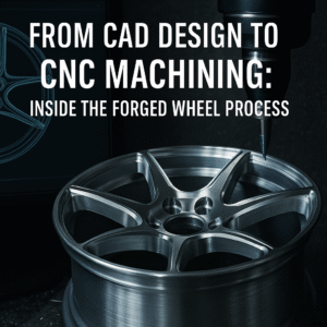 A high-resolution image showing a precision-forged aluminum wheel being CNC-machined next to its CAD design, visually representing the full forged wheel manufacturing process.